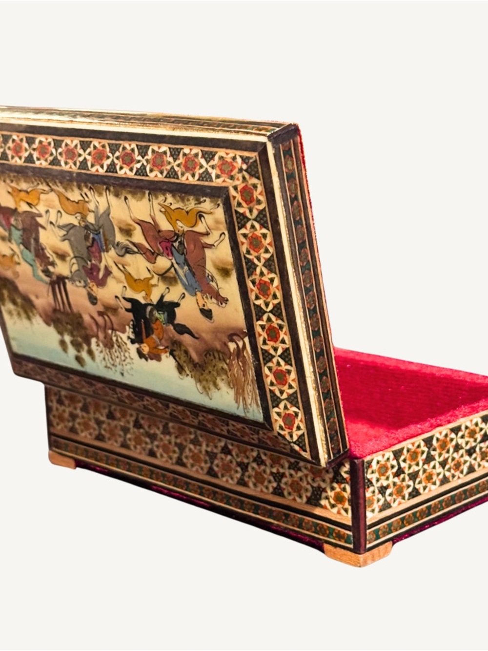 Antique Hand Painted Khatam Kari Persian Wood Micro Mosaic Inlay Hinged Box - Picture 4 of 10